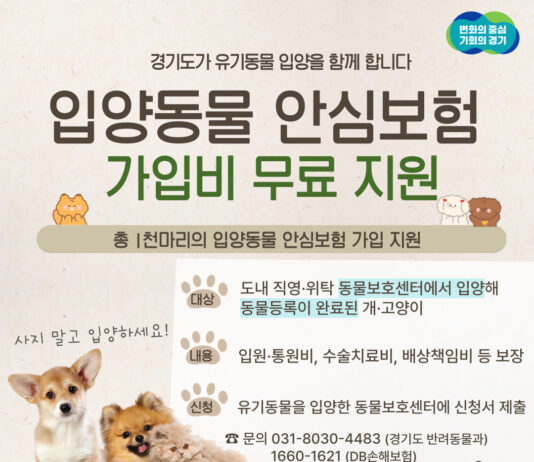 “반려동물, 이제 안심하고 키우세요” 경기도, 유기동물 입양자에게 반려동물 보험가입 무료 지원